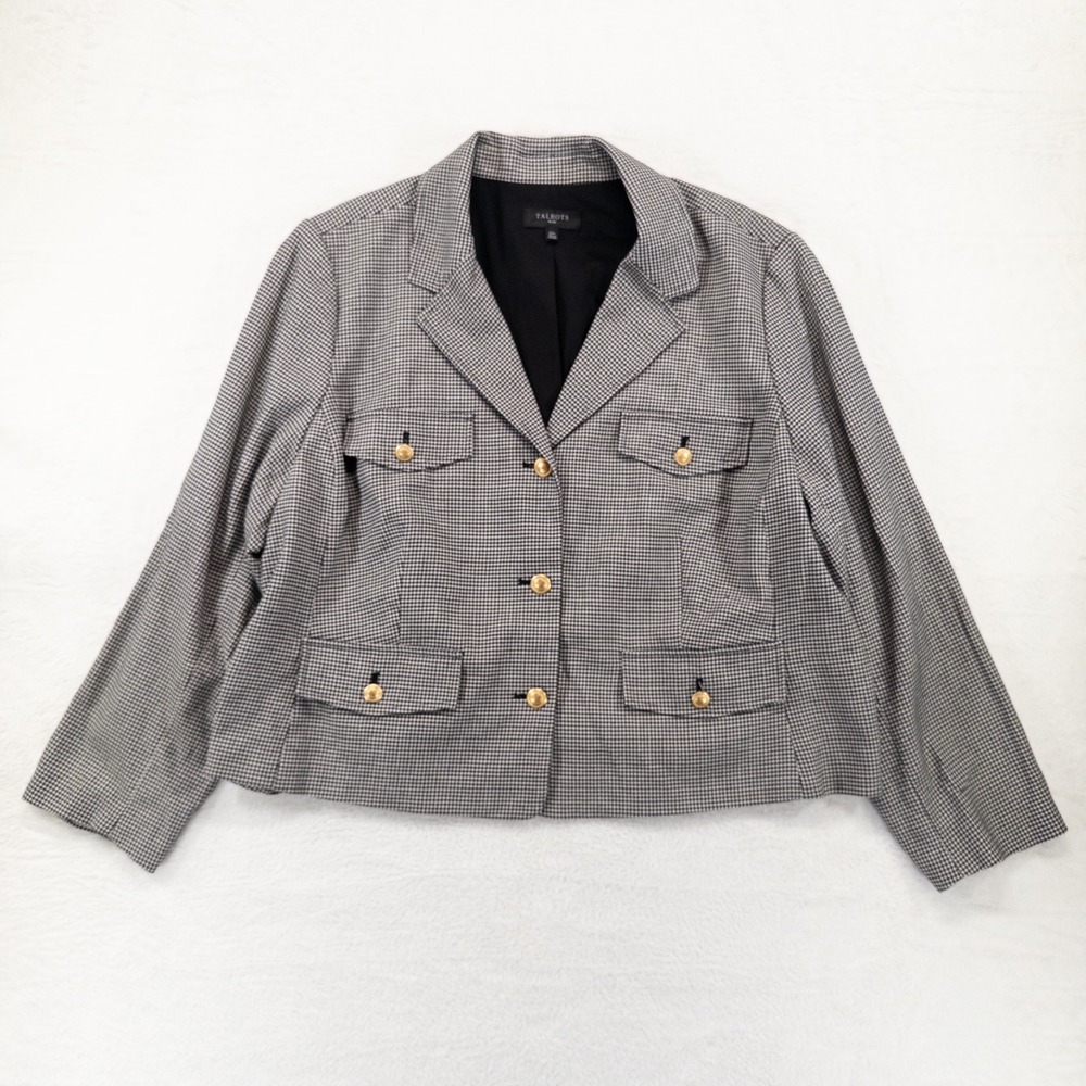 Talbots Plus Blazer 22W Black White Houndstooth Gold Button Jacket Heritage Prep